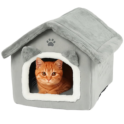 FURVEO - Cat House Bed with Removable Roof and Cushion, Gray
