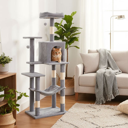 FURVEO - Kloretårn for katter med hengekøye, 146 cm, grå