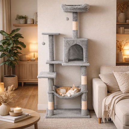 FURVEO - Kloretårn for katter med hengekøye, 146 cm, grå