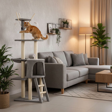 FURVEO - Kloretårn for katter med hengekøye og sisalstolper, 134 cm