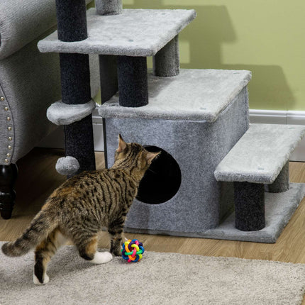 PAWROOM - Pet Stairs 3/4-Trinns Kattetrapper Med Sovehule Og Hengende Lekeball Sponplate Plysj