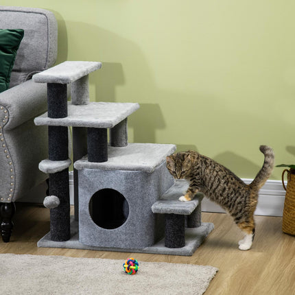 PAWROOM - Pet Stairs 3/4-Trinns Kattetrapper Med Sovehule Og Hengende Lekeball Sponplate Plysj