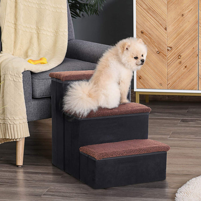 PAWROOM - Pet Stairs Sammenleggbare Kattetrapper/Hundetrapper Med 3 Trinn Og Oppbevaringsplass, For Katter Og Hunder, Mdf, Svart, 40X54X48Cm