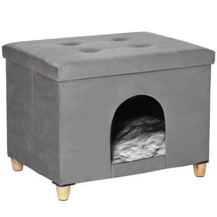 PAWROOM - 2-In-1 Cat Cave Fotskammel Med Pute Treben Kattehus Kattekurv Myk Polstret Ottomansk Elegant Design Avtagbar Mdf Plysj Grå