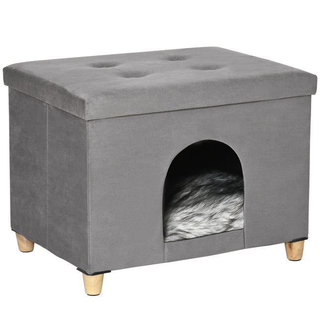 PAWROOM - 2-In-1 Cat Cave Fotskammel Med Pute Treben Kattehus Kattekurv Myk Polstret Ottomansk Elegant Design Avtagbar Mdf Plysj Grå