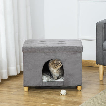 PAWROOM - 2-In-1 Cat Cave Fotskammel Med Pute Treben Kattehus Kattekurv Myk Polstret Ottomansk Elegant Design Avtagbar Mdf Plysj Grå