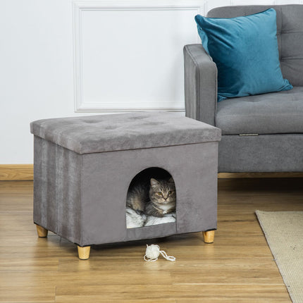 PAWROOM - 2-In-1 Cat Cave Fotskammel Med Pute Treben Kattehus Kattekurv Myk Polstret Ottomansk Elegant Design Avtagbar Mdf Plysj Grå
