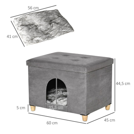 PAWROOM - 2-In-1 Cat Cave Fotskammel Med Pute Treben Kattehus Kattekurv Myk Polstret Ottomansk Elegant Design Avtagbar Mdf Plysj Grå