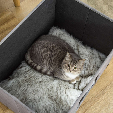 PAWROOM - 2-In-1 Cat Cave Fotskammel Med Pute Treben Kattehus Kattekurv Myk Polstret Ottomansk Elegant Design Avtagbar Mdf Plysj Grå
