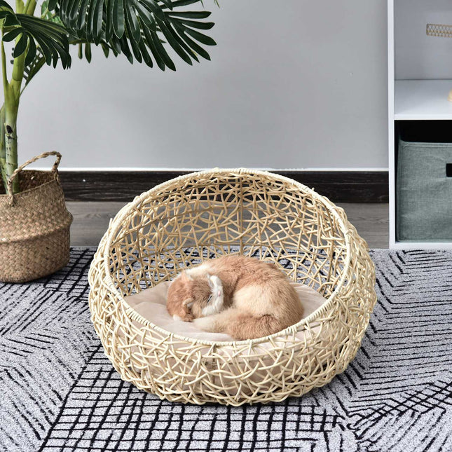 PAWROOM - Rattan Cat Cave Bed - Cozy beige with pillow, 56x35Cm