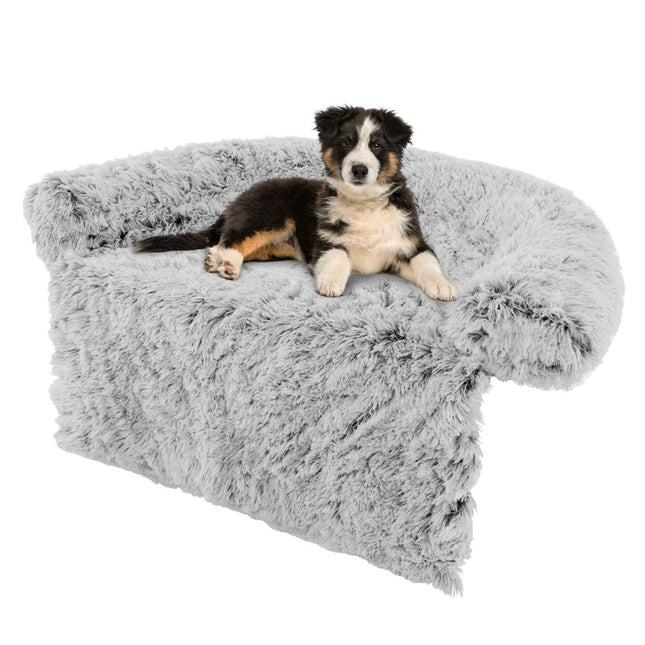 PAWROOM - Hundeseng i plysj med sklisikker base, avtagbart vaskbart trekk og myk bolster, mellomstørrelse 112 x 101 cm, grå-hvit