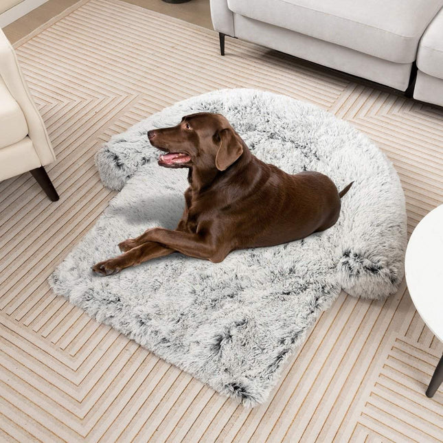 PAWROOM - Plysjseng for hunder med sklisikker base, avtagbart vaskbart trekk og myk nakkerull, stor 115 x 120 cm, gråhvit