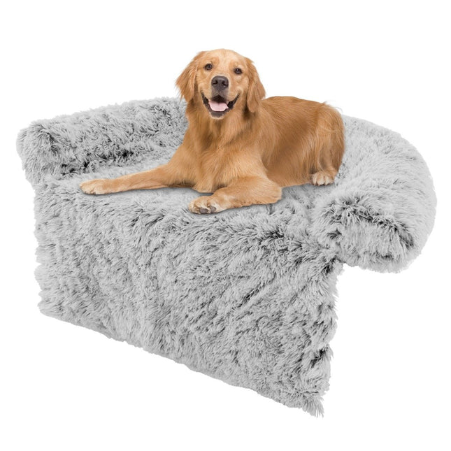PAWROOM - Plysjseng for hunder med sklisikker base, avtagbart vaskbart trekk og myk nakkerull, stor 115 x 120 cm, gråhvit