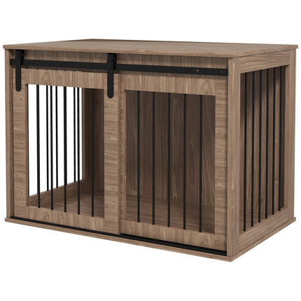 PAWROOM - Hundebur Hundeboks Med Skyvedør, Innendørs Hundehus Med Trelook, Låsing, For Store Hunder Opptil 30 Kg, 98 X 58 X 67 Cm, Valnøtt