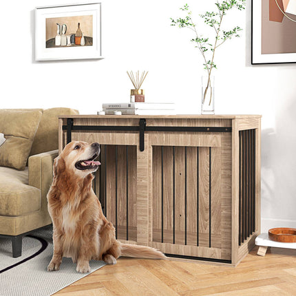 PAWROOM - Hundebur Hundeboks Med Skyvedør, Innendørs Hundehus Med Trelook, Låsing, For Store Hunder Opptil 30 Kg, 98 X 58 X 67 Cm, Valnøtt