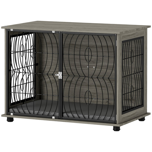 PAWROOM - Hundebur til hjemmet, hundegård, innendørs dyrebur med pute, hundehus med vindu, hundebur for store hunder, grå, 100 x 60 x 73,5 cm