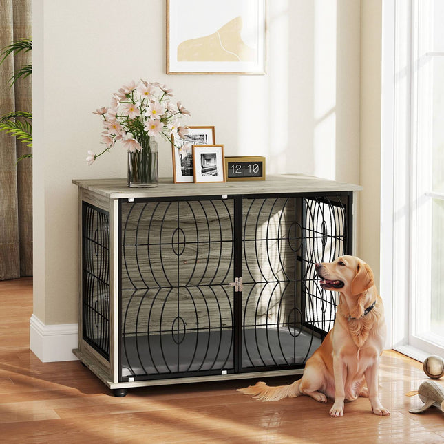 PAWROOM - Hundebur til hjemmet, hundegård, innendørs dyrebur med pute, hundehus med vindu, hundebur for store hunder, grå, 100 x 60 x 73,5 cm