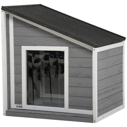 PAWROOM - Hundehus Værbestandig Hundehus Laget Av Grantre Med Asfalttak & Dørgardin, Grå, 71X58X53/77Cm