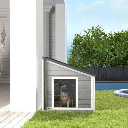 PAWROOM - Hundehus Værbestandig Hundehus Laget Av Grantre Med Asfalttak & Dørgardin, Grå, 71X58X53/77Cm