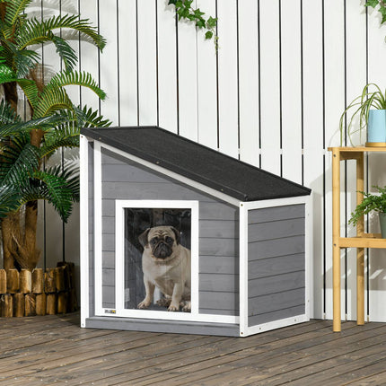 PAWROOM - Hundehus Værbestandig Hundehus Laget Av Grantre Med Asfalttak & Dørgardin, Grå, 71X58X53/77Cm