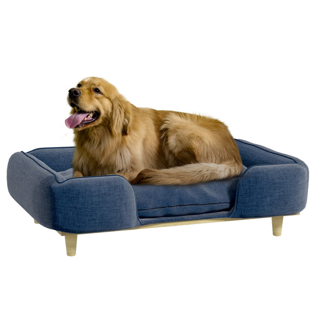 PAWROOM - Dark blue dog bed sofa with wooden legs, 96x66x24 cm