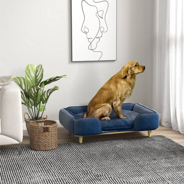 PAWROOM - Dark blue dog bed sofa with wooden legs, 96x66x24 cm