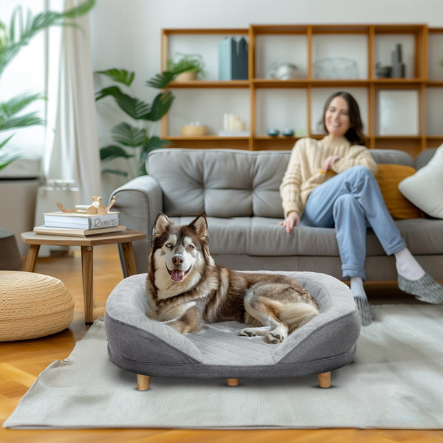 PAWROOM - Gray dog sofa - washable cover, backrest, wooden legs