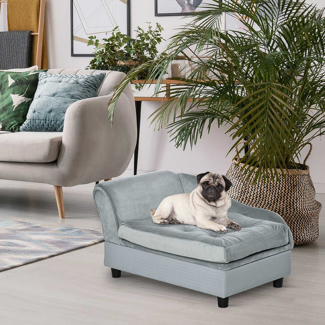 PAWROOM - Plush dog bed sofa - natural wood, light blue, 76x45cm