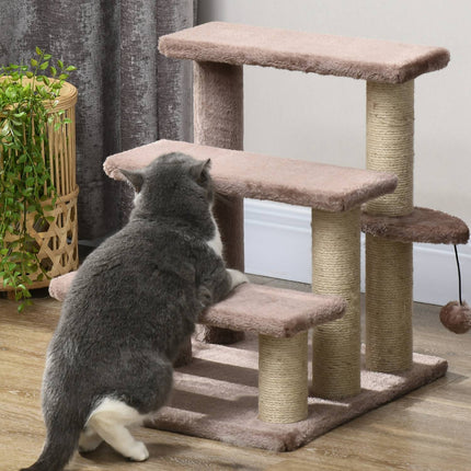 PAWROOM - Kattetrapper, dyretrapper for katter, hundetrapper, 3 trinn, med skrapestolper, lekeball, plysj, brun, 45x40x48cm