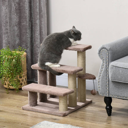 PAWROOM - Kattetrapper, dyretrapper for katter, hundetrapper, 3 trinn, med skrapestolper, lekeball, plysj, brun, 45x40x48cm