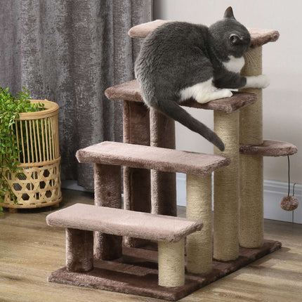PAWROOM - Pet ladder with scratching post, plush, brown, 60x40x64 cm