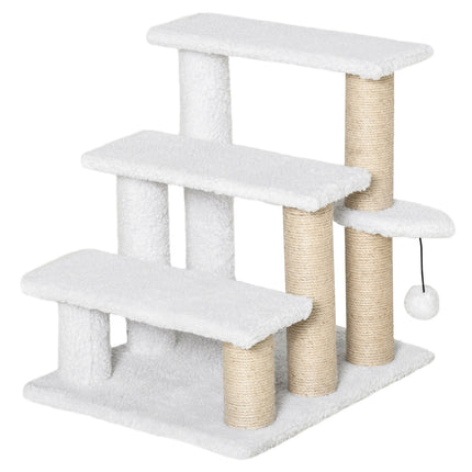 PAWROOM - Kjæledyrtrapper Med Skrapestolpe Ball 3-Trinns Kattetrapp Hundetrapper Dyretrapper Sponplater Plysj Jute Hvit 45 X 40 X 48 Cm