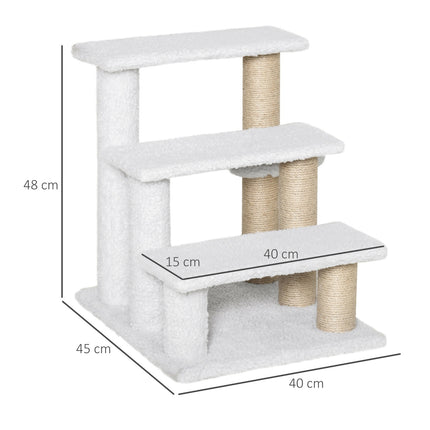 PAWROOM - Kjæledyrtrapper Med Skrapestolpe Ball 3-Trinns Kattetrapp Hundetrapper Dyretrapper Sponplater Plysj Jute Hvit 45 X 40 X 48 Cm