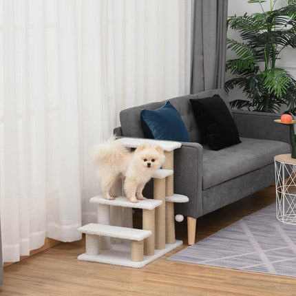 PAWROOM - Pet Stairs with Scratching Post, 4 Steps, Plush Jute White