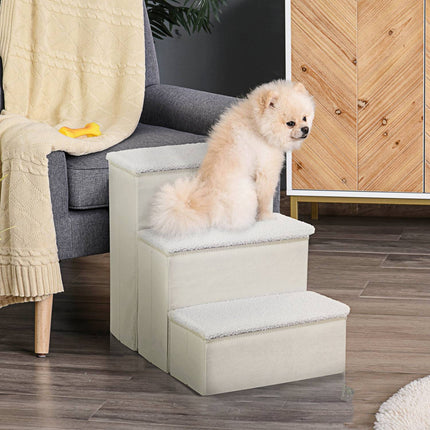 PAWROOM - Pet Stairs Sammenleggbare Kattetrapper/Hundetrapper Med 3 Trinn Og Oppbevaringsplass, For Katter Og Hunder, Mdf, Hvit, 40X54X48Cm