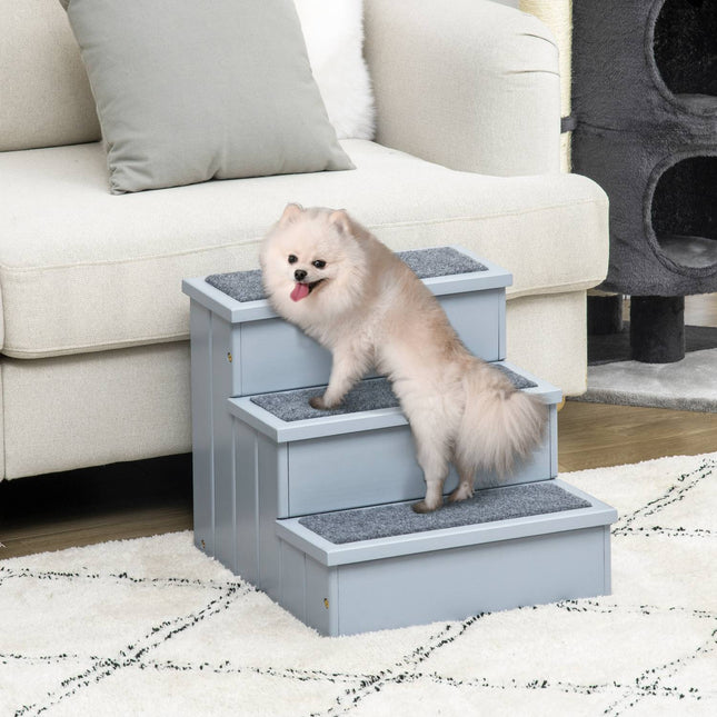 PAWROOM - Pet Stairs Hundetrapper Med 3 Trinn Og Teppe, Oppbevaringsplass, Grå, 40,5X44,5X38 Cm