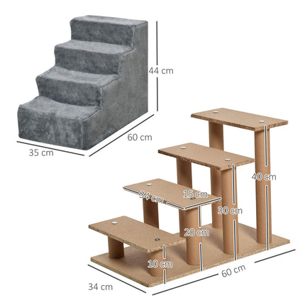 PAWROOM - Pet stairs 4-step dog ramp, plush cover, grey, 60x35x44 cm