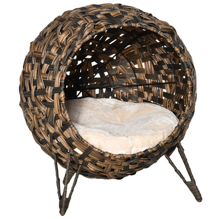 PAWROOM - Rattan Cat Bed, raised design with pillow, brown Ø52cm
