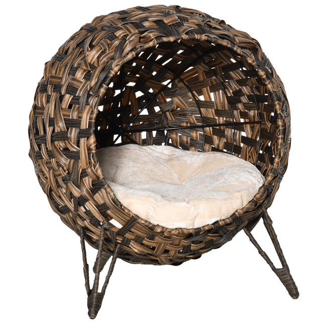 PAWROOM - Rattan Katt Sengepute Hevede Føtter Katt Soveplass Brun Ø52X58Cm