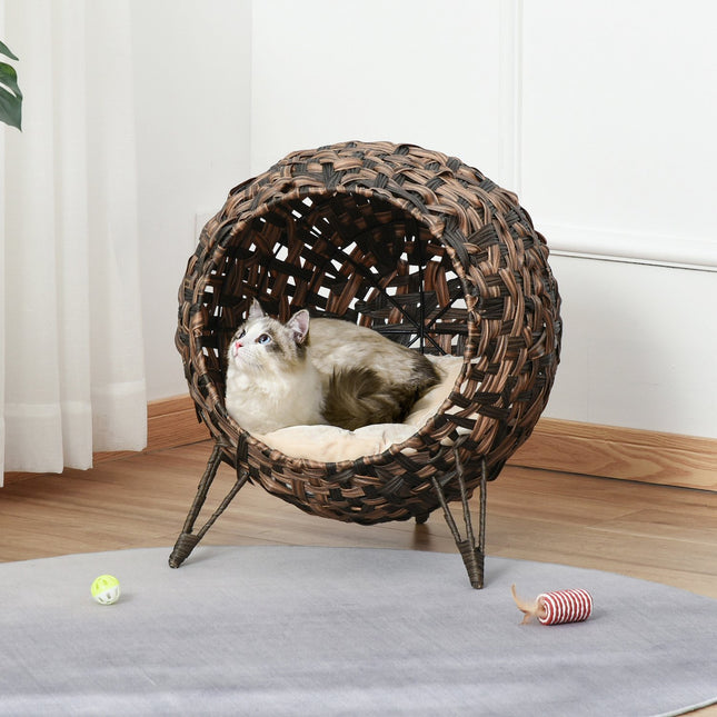 PAWROOM - Rattan Katt Sengepute Hevede Føtter Katt Soveplass Brun Ø52X58Cm