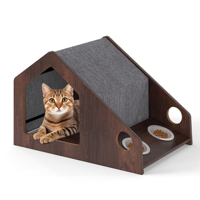 PAWROOM - Kattehus i tre med fôringsstasjon, avtakbart tak