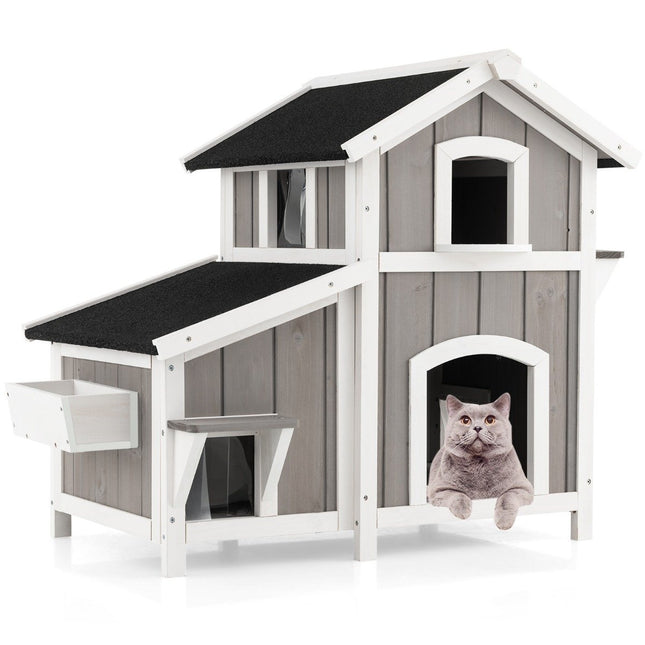 PAWROOM - Cat House Outdoor 2-etasjes Cat Hut Cat Villa med asfalttak Grå 100 x 64 x 82,5 cm