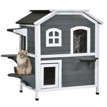 PAWROOM - Kattehus Med Asfalttak Værbestandig Utendørs Kattehus Med Trapper, 2 Plan, Grantre, Grå, 78X55,5X91Cm