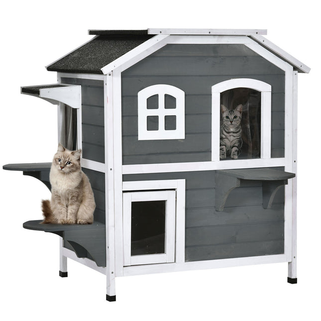 PAWROOM - Kattehus Med Asfalttak Værbestandig Utendørs Kattehus Med Trapper, 2 Plan, Grantre, Grå, 78X55,5X91Cm