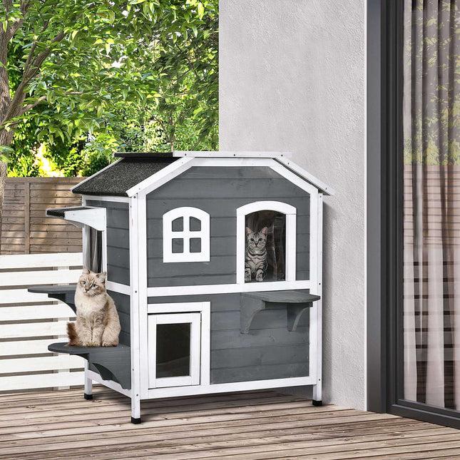 PAWROOM - Kattehus Med Asfalttak Værbestandig Utendørs Kattehus Med Trapper, 2 Plan, Grantre, Grå, 78X55,5X91Cm