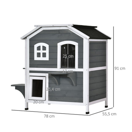 PAWROOM - Kattehus Med Asfalttak Værbestandig Utendørs Kattehus Med Trapper, 2 Plan, Grantre, Grå, 78X55,5X91Cm