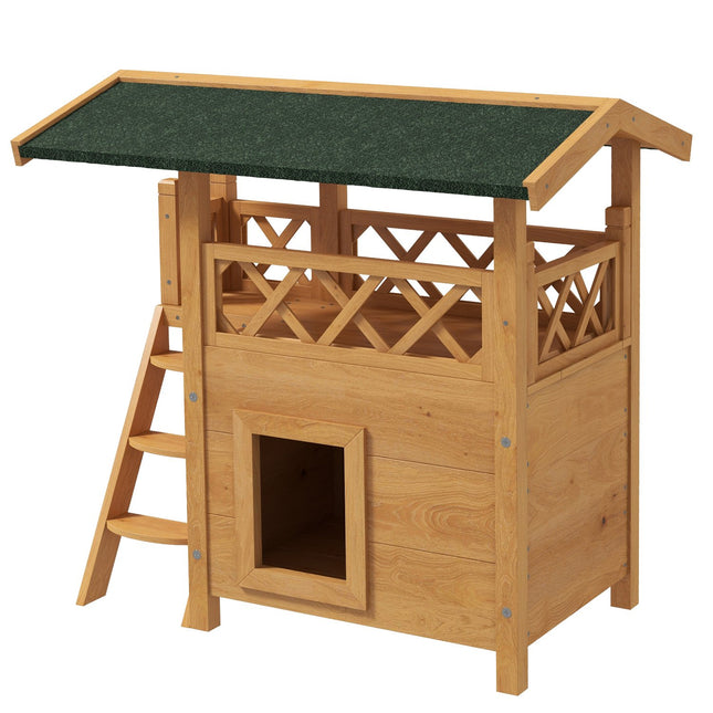 PAWROOM - 2-Etasjers Kattehus Med Asfalttak Og Balkong, Heltre Kattevilla Med Trapp, Natur, 77X50X73Cm