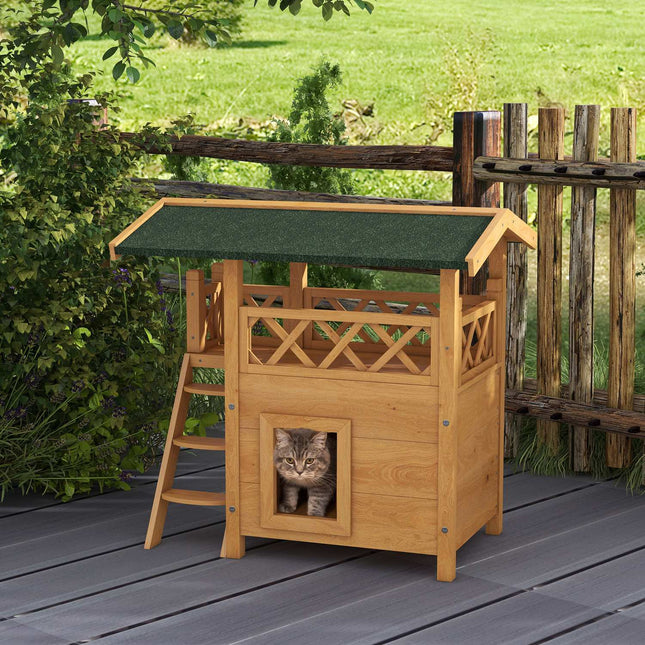 PAWROOM - 2-Etasjers Kattehus Med Asfalttak Og Balkong, Heltre Kattevilla Med Trapp, Natur, 77X50X73Cm