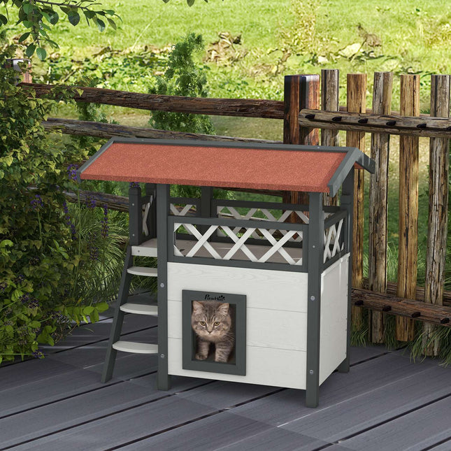 PAWROOM - Kattehus Med Asfalttak, 2-Lags Kattehus Med Balkong, Kattevilla Med Trapp, Heltre, Hvit, 77 X 50 X 73 Cm