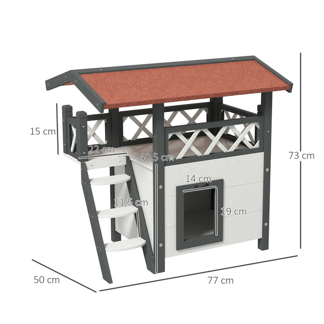 PAWROOM - Kattehus Med Asfalttak, 2-Lags Kattehus Med Balkong, Kattevilla Med Trapp, Heltre, Hvit, 77 X 50 X 73 Cm